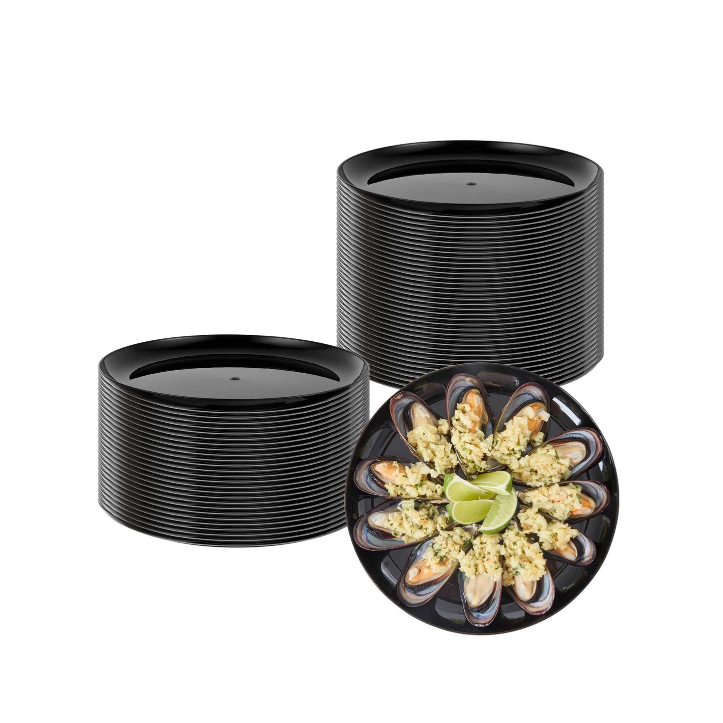 Maxi Serve Round Black Plastic Elegant Plate - 9" x 9" x 1/2" - 100 count box