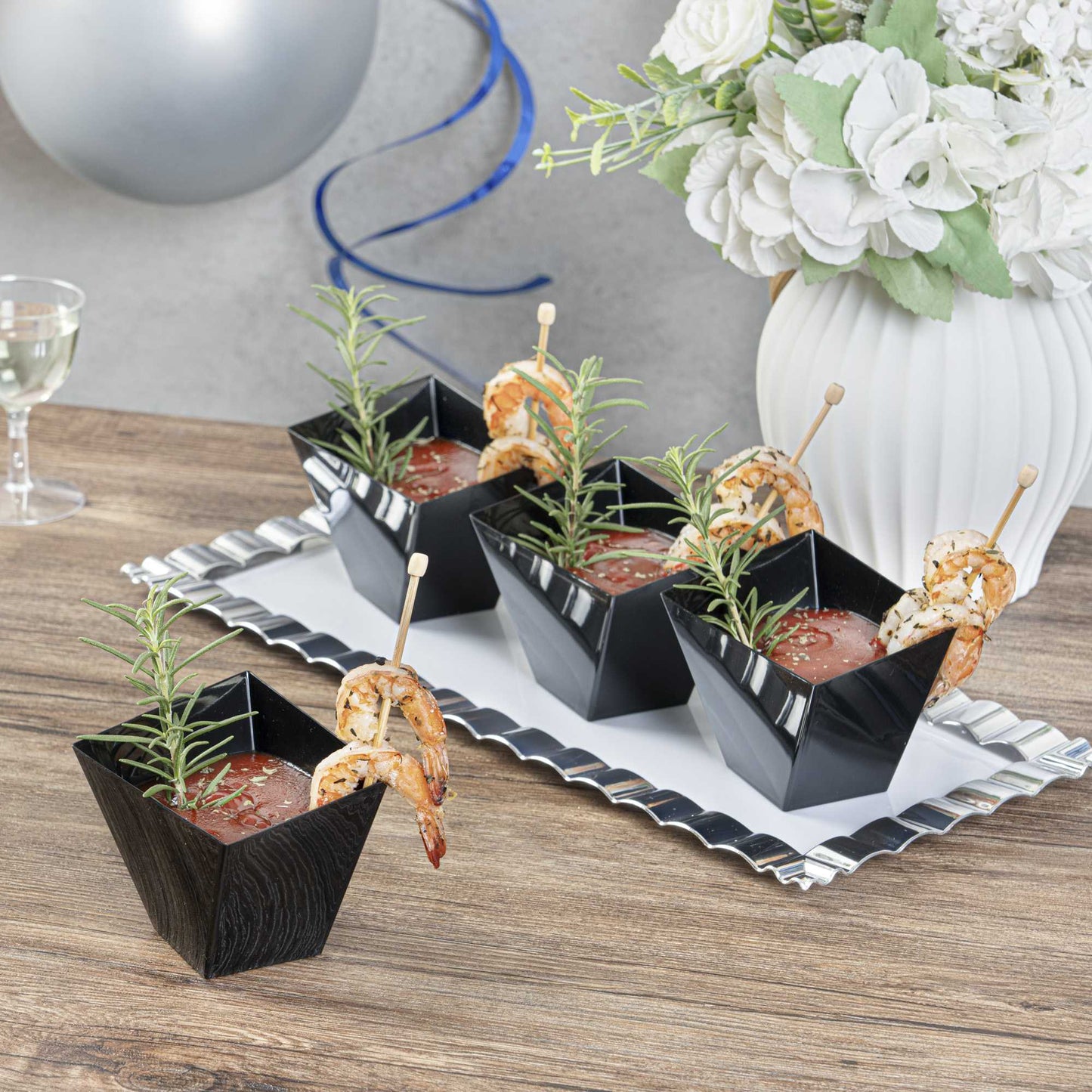 Mini Serve 6 oz Square Black Plastic Large Girata Dish - 3 1/4" x 2 3/4" x 3" - 100 count box