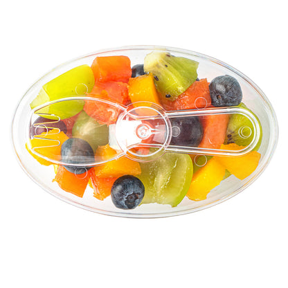 Mini Serve 4 oz Oval Clear Plastic Deli Cup - with Spork in Lid - 4 1/2" x 2 3/4" x 2 3/4" - 100 count box