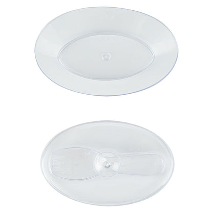 Mini Serve 4 oz Oval Clear Plastic Deli Cup - with Spork in Lid - 4 1/2" x 2 3/4" x 2 3/4" - 100 count box