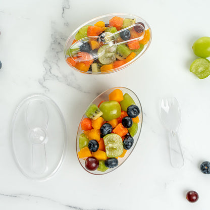 Mini Serve 4 oz Oval Clear Plastic Deli Cup - with Spork in Lid - 4 1/2" x 2 3/4" x 2 3/4" - 100 count box