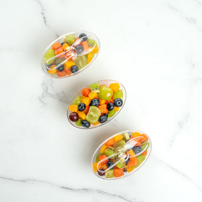 Mini Serve 4 oz Oval Clear Plastic Deli Cup - with Spork in Lid - 4 1/2" x 2 3/4" x 2 3/4" - 100 count box