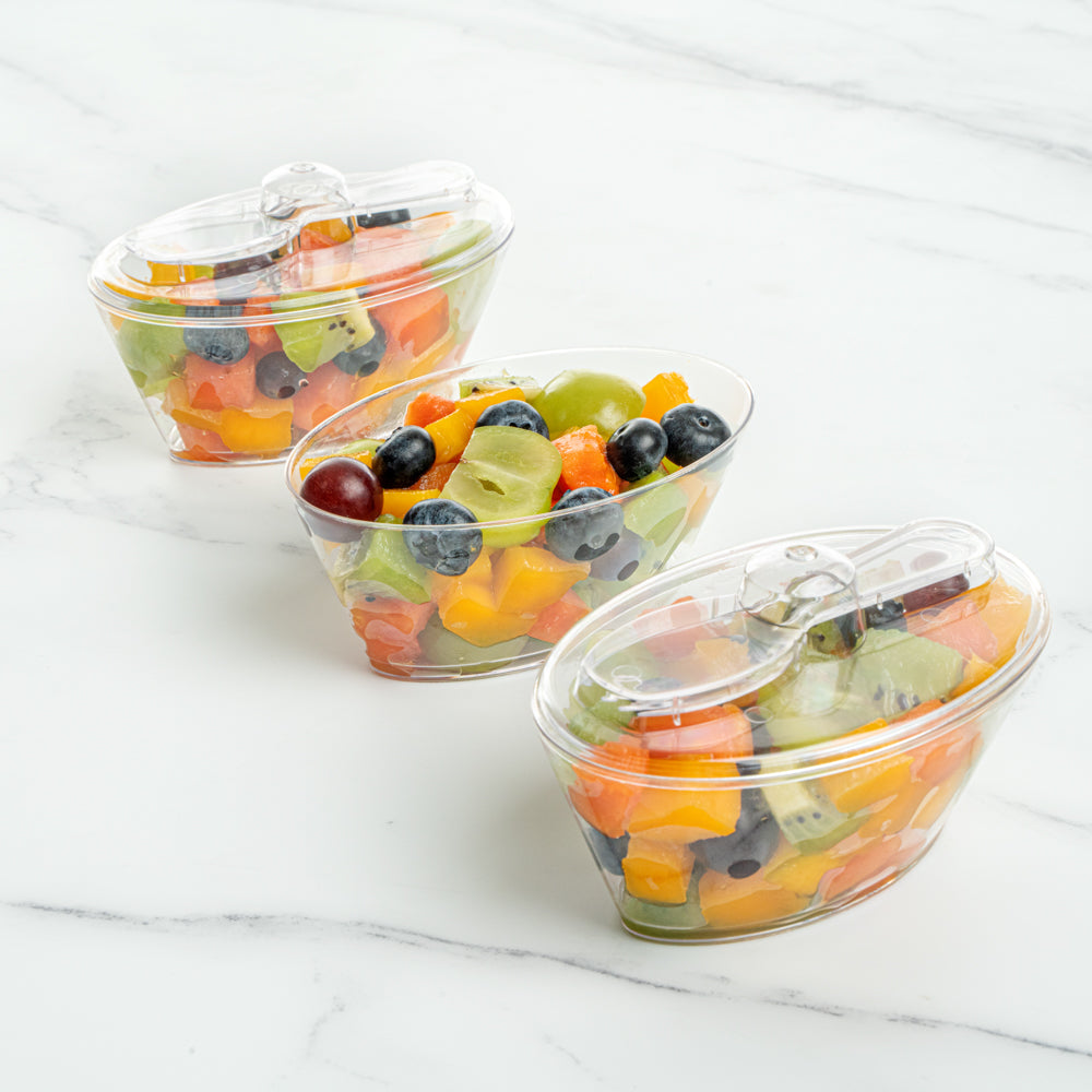 Mini Serve 4 oz Oval Clear Plastic Deli Cup - with Spork in Lid - 4 1/2" x 2 3/4" x 2 3/4" - 100 count box