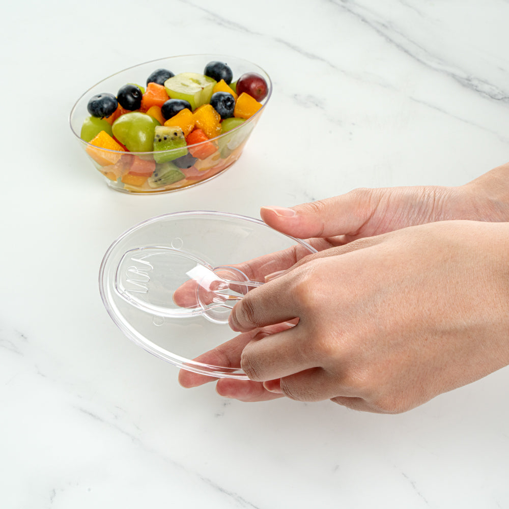 Mini Serve 4 oz Oval Clear Plastic Deli Cup - with Spork in Lid - 4 1/2" x 2 3/4" x 2 3/4" - 100 count box