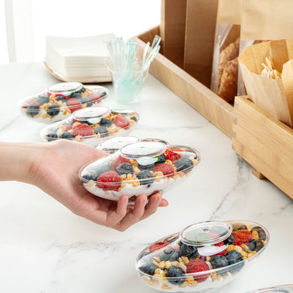 Mini Serve 6 oz Oval Clear Plastic Deli Cup - Stackable, with Lid - 5 1/2" x 3 1/4" x 2 1/2" - 100 count box