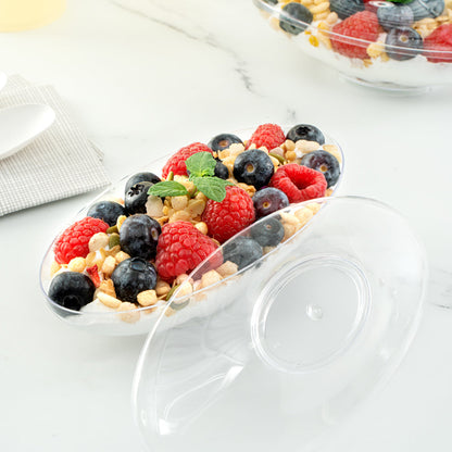 Mini Serve 6 oz Oval Clear Plastic Deli Cup - Stackable, with Lid - 5 1/2" x 3 1/4" x 2 1/2" - 100 count box