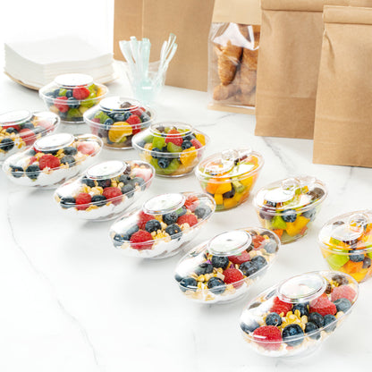 Mini Serve 6 oz Oval Clear Plastic Deli Cup - Stackable, with Lid - 5 1/2" x 3 1/4" x 2 1/2" - 100 count box