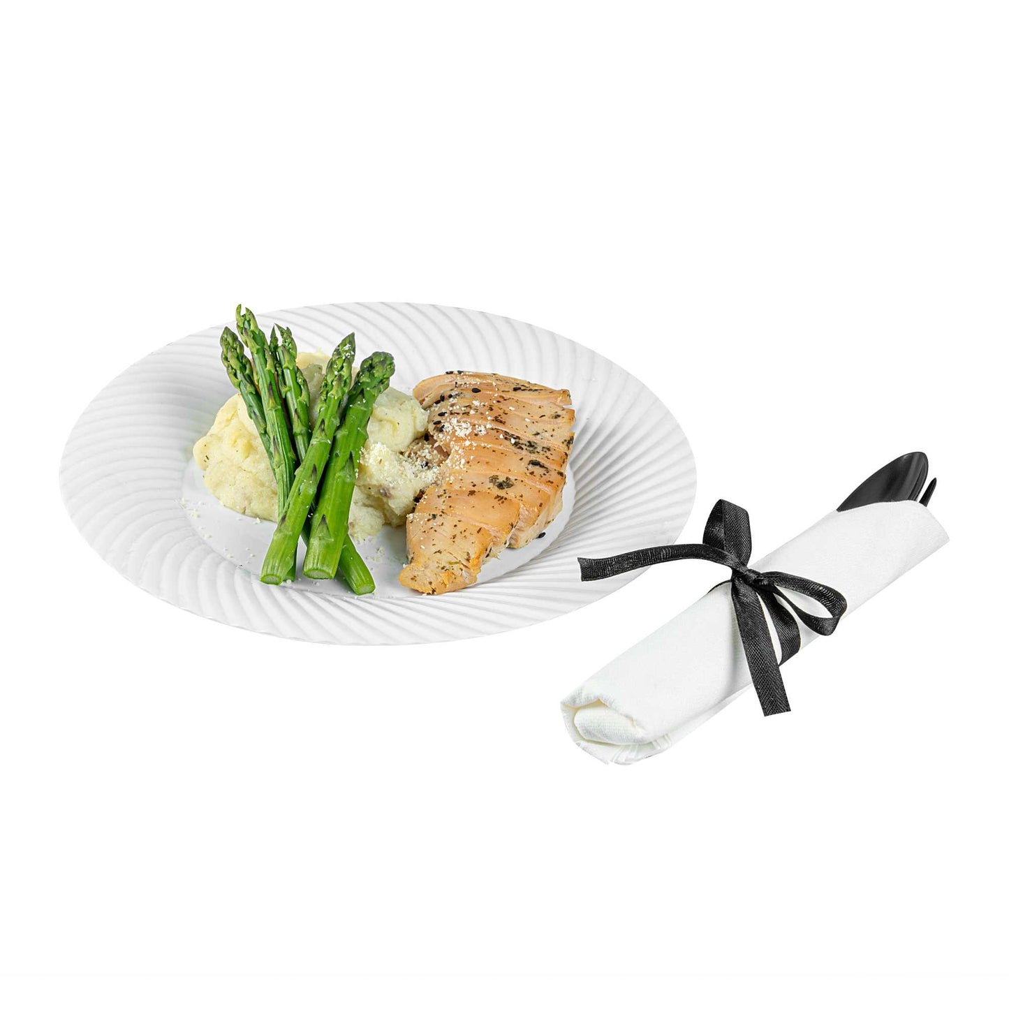 Moderna Black Plastic Cutlery Set - with White Napkin, Black Ribbon - 7 1/4" x 2" x 1 3/4" - 100 count box