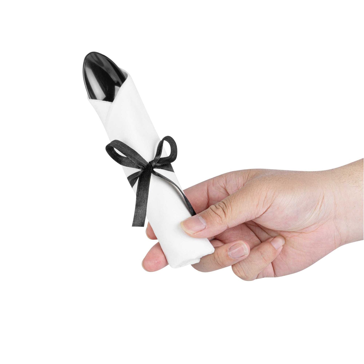 Moderna Black Plastic Cutlery Set - with White Napkin, Black Ribbon - 7 1/4" x 2" x 1 3/4" - 100 count box
