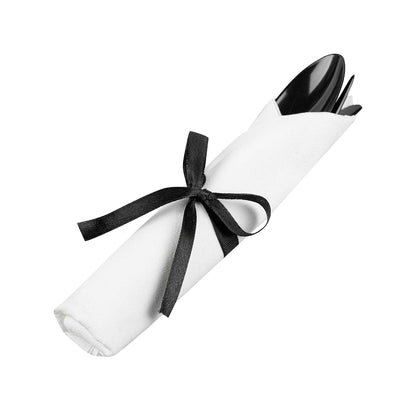 Moderna Black Plastic Cutlery Set - with White Napkin, Black Ribbon - 7 1/4" x 2" x 1 3/4" - 100 count box