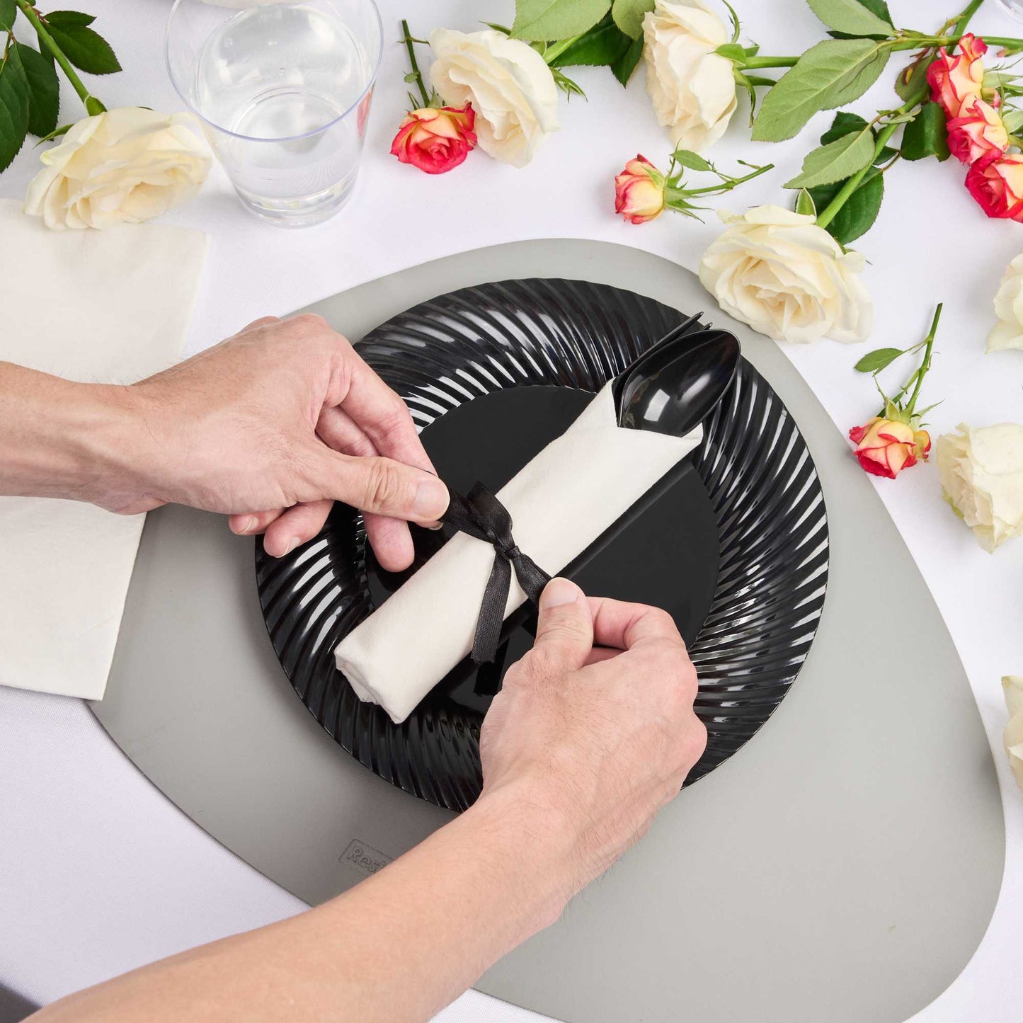 Moderna Black Plastic Cutlery Set - with White Napkin, Black Ribbon - 7 1/4" x 2" x 1 3/4" - 100 count box