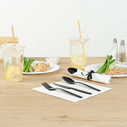 Moderna Black Plastic Cutlery Set - with White Napkin, Black Ribbon - 7 1/4" x 2" x 1 3/4" - 100 count box