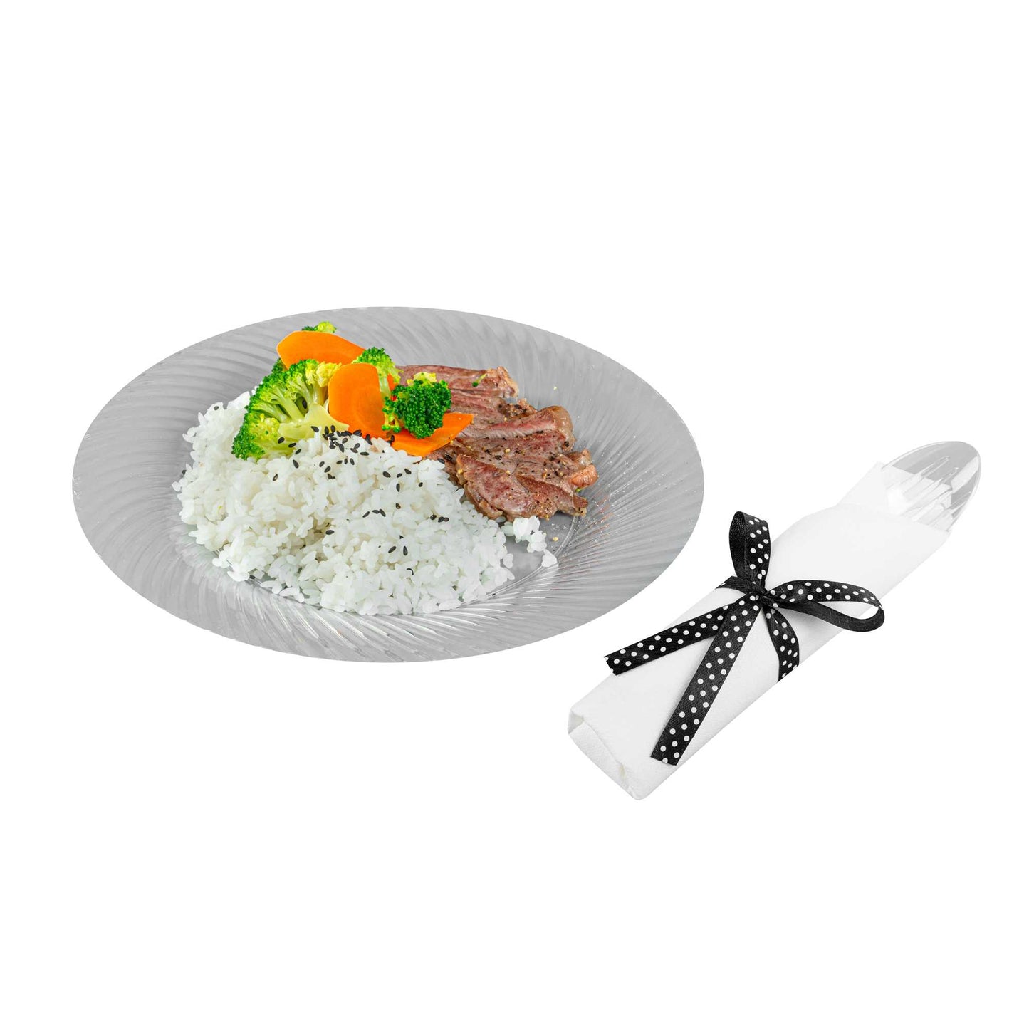 Moderna Clear Plastic Cutlery Set - with White Napkin, Polka Dot Ribbon - 7 1/4" x 2" x 1 3/4" - 100 count box