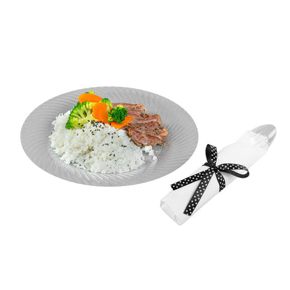 Moderna Clear Plastic Cutlery Set - with White Napkin, Polka Dot Ribbon - 7 1/4" x 2" x 1 3/4" - 100 count box