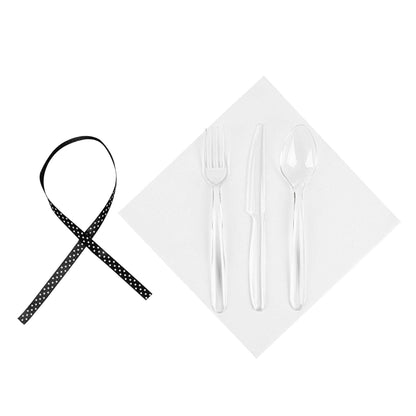 Moderna Clear Plastic Cutlery Set - with White Napkin, Polka Dot Ribbon - 7 1/4" x 2" x 1 3/4" - 100 count box