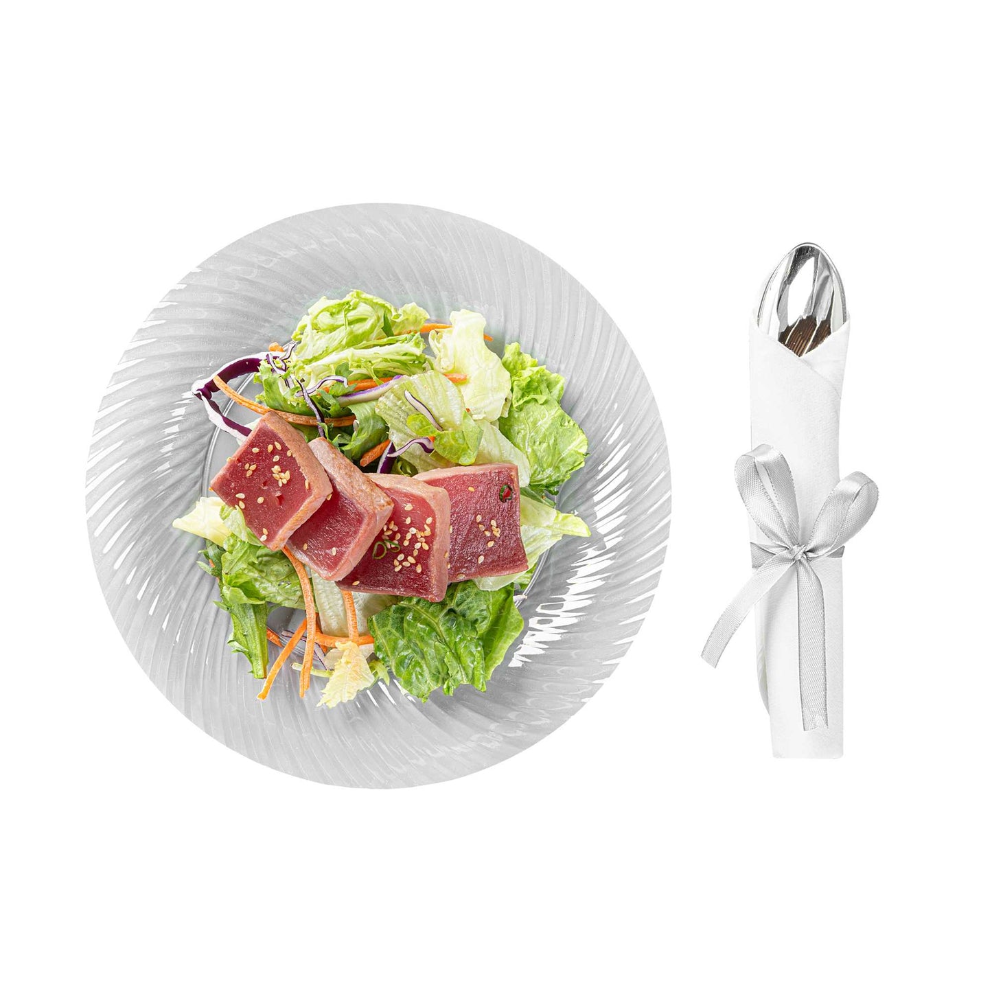 Moderna Silver Plastic Cutlery Set - with White Napkin, Silver Ribbon - 7 1/4" x 2" x 1 3/4" - 100 count box