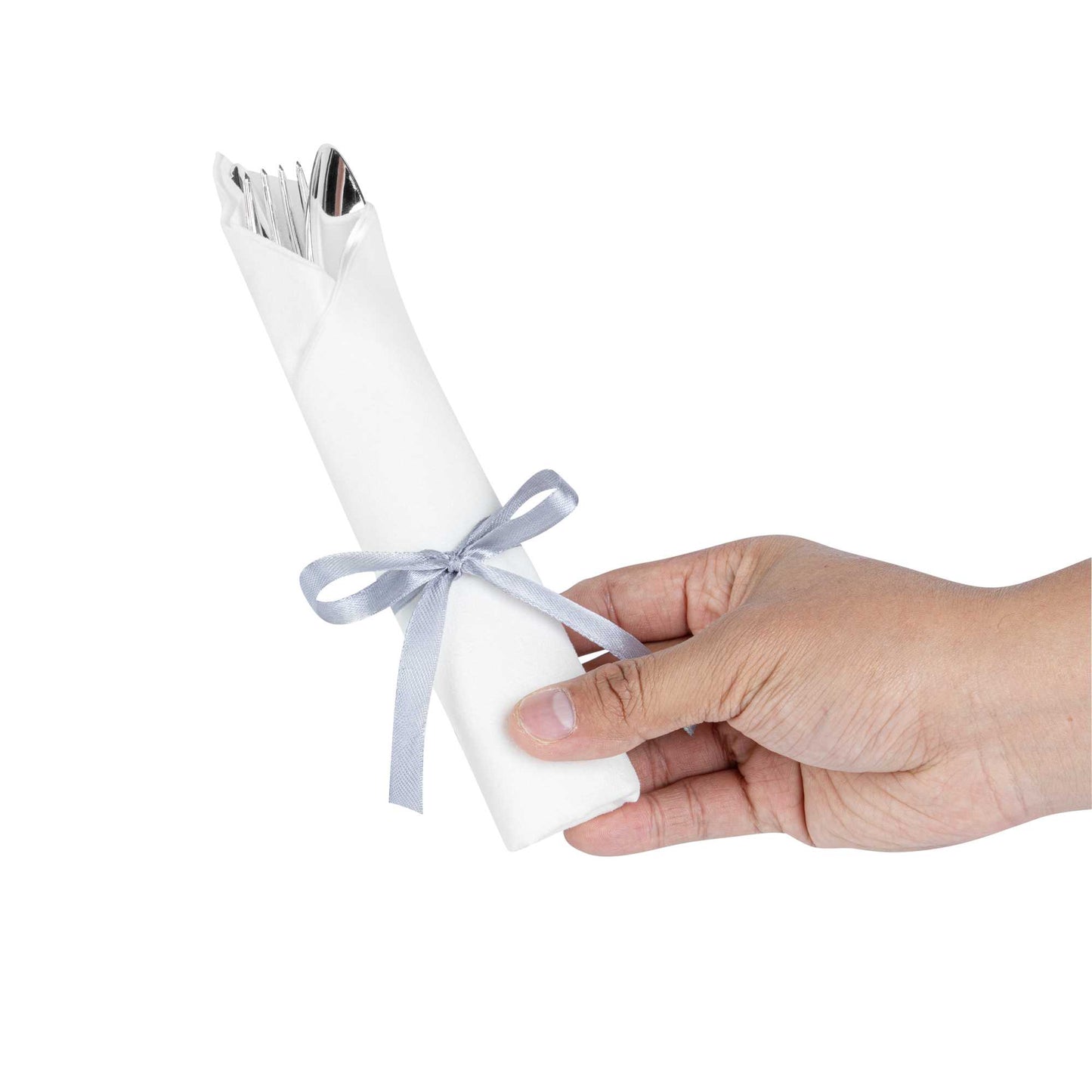 Moderna Silver Plastic Cutlery Set - with White Napkin, Silver Ribbon - 7 1/4" x 2" x 1 3/4" - 100 count box