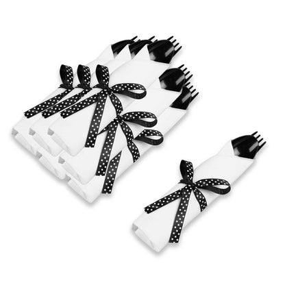 Argento Black Plastic Cutlery Set - with White Napkin, Polka Dot Ribbon - 7 1/4" x 2" x 1 3/4" - 100 count box