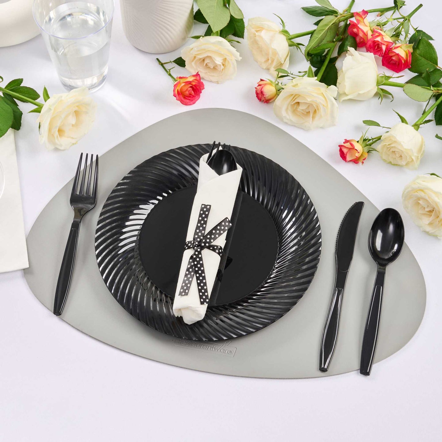 Argento Black Plastic Cutlery Set - with White Napkin, Polka Dot Ribbon - 7 1/4" x 2" x 1 3/4" - 100 count box