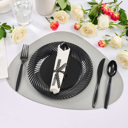 Argento Black Plastic Cutlery Set - with White Napkin, Polka Dot Ribbon - 7 1/4" x 2" x 1 3/4" - 100 count box