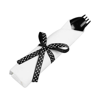 Argento Black Plastic Cutlery Set - with White Napkin, Polka Dot Ribbon - 7 1/4" x 2" x 1 3/4" - 100 count box