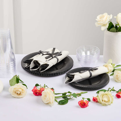 Argento Black Plastic Cutlery Set - with White Napkin, Polka Dot Ribbon - 7 1/4" x 2" x 1 3/4" - 100 count box