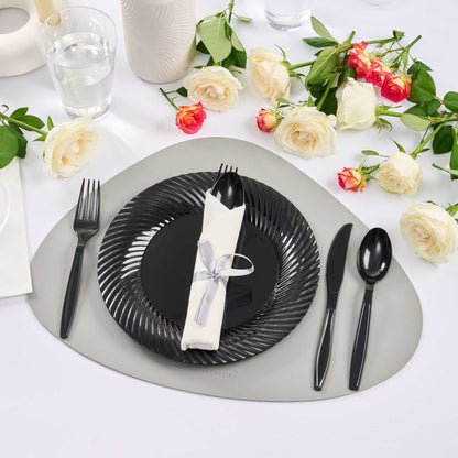 Argento Black Plastic Cutlery Set - with White Napkin, Silver Ribbon - 7 1/4" x 2" x 1 3/4" - 100 count box