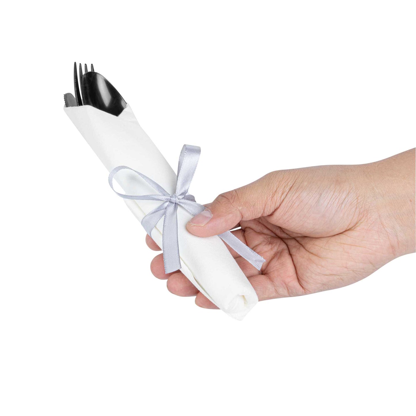 Argento Black Plastic Cutlery Set - with White Napkin, Silver Ribbon - 7 1/4" x 2" x 1 3/4" - 100 count box