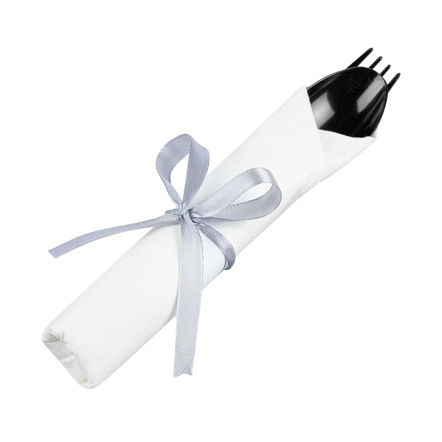 Argento Black Plastic Cutlery Set - with White Napkin, Silver Ribbon - 7 1/4" x 2" x 1 3/4" - 100 count box