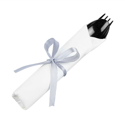 Argento Black Plastic Cutlery Set - with White Napkin, Silver Ribbon - 7 1/4" x 2" x 1 3/4" - 100 count box