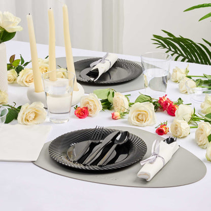 Argento Black Plastic Cutlery Set - with White Napkin, Silver Ribbon - 7 1/4" x 2" x 1 3/4" - 100 count box