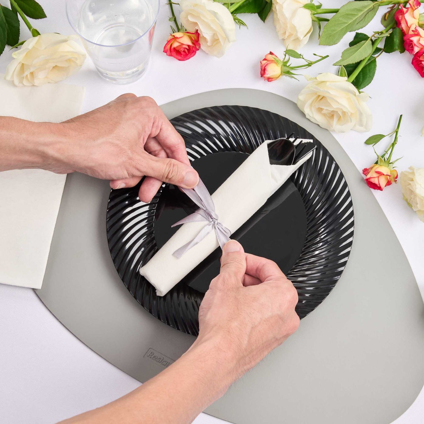 Argento Black Plastic Cutlery Set - with White Napkin, Silver Ribbon - 7 1/4" x 2" x 1 3/4" - 100 count box