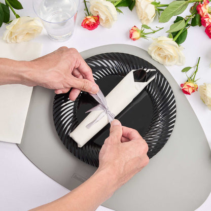 Argento Black Plastic Cutlery Set - with White Napkin, Silver Ribbon - 7 1/4" x 2" x 1 3/4" - 100 count box