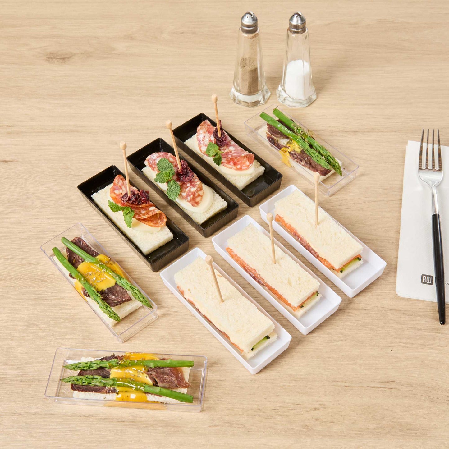 Mini Serve Rectangle White Plastic Modern Plate - 5 1/4" x 1 3/4" x 3/4" - 100 count box