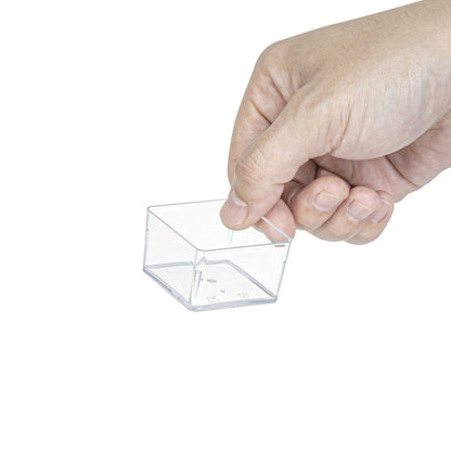 1 oz Square Clear Plastic Short Quadrato Cup - 1 3/4" x 1 3/4" x 1" - 100 count box