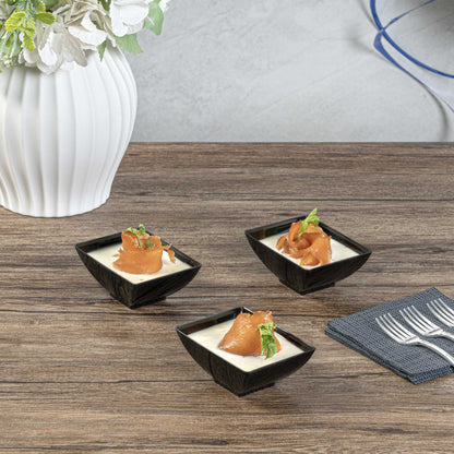 Mini Serve 3 oz Rectangle Black Plastic Small Architetto Bowl - 3 1/4" x 2 1/4" x 1 1/4" - 100 count box