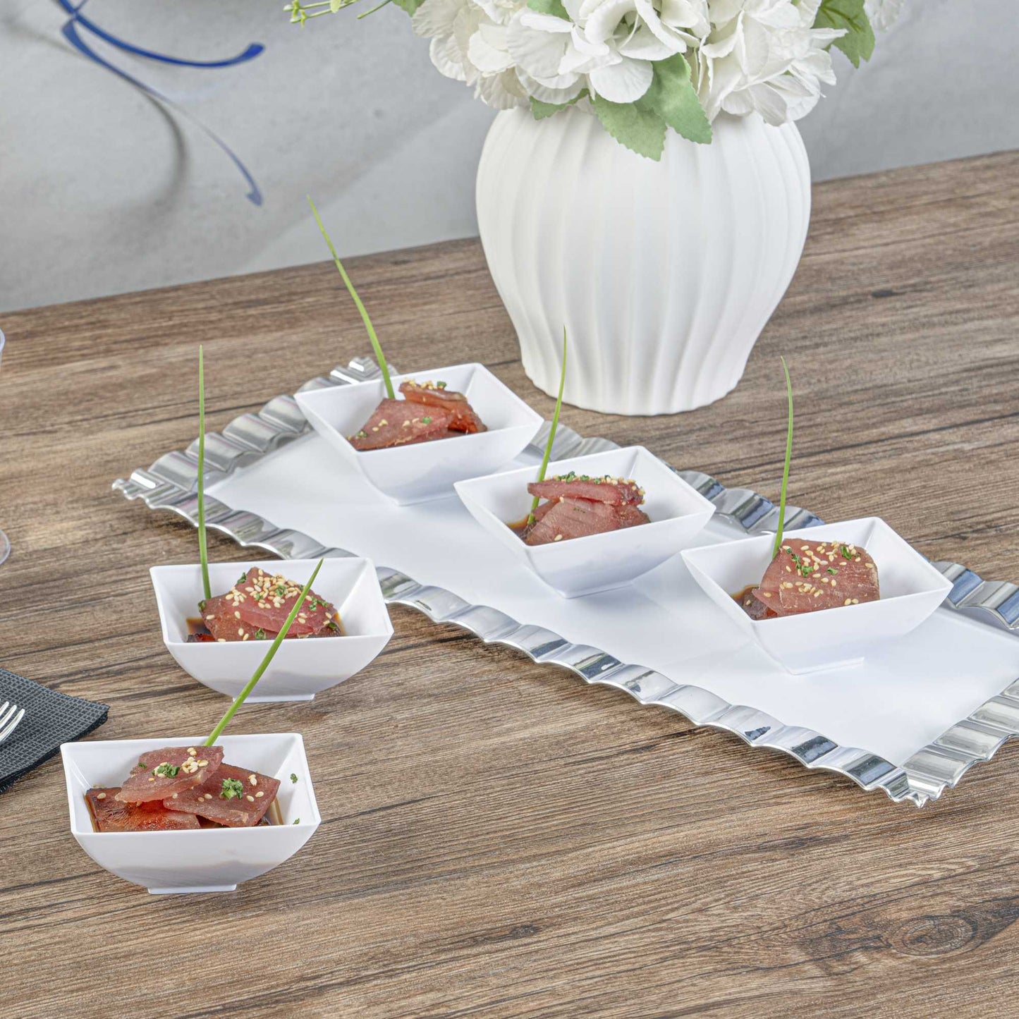 Mini Serve 3 oz Rectangle White Plastic Small Architetto Bowl - 3 1/4" x 2 1/4" x 1 1/4" - 100 count box