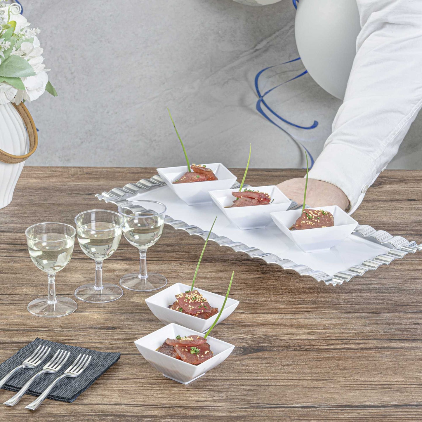 Mini Serve 3 oz Rectangle White Plastic Small Architetto Bowl - 3 1/4" x 2 1/4" x 1 1/4" - 100 count box