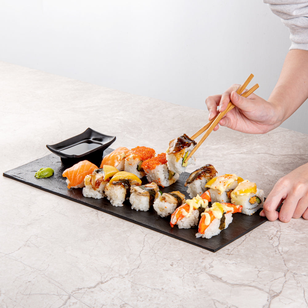 Maxi Serve Rectangle Black Plastic Large Plate - Faux Slate - 16" x 7" - 25 count box