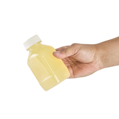 Bottle Tek 8 oz Square Clear Plastic Cold Pressed Juice Bottle - with Safety Cap - 2 1/4" x 2 1/4" x 4 3/4" - 100 count box