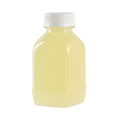 Bottle Tek 8 oz Square Clear Plastic Cold Pressed Juice Bottle - with Safety Cap - 2 1/4" x 2 1/4" x 4 3/4" - 100 count box