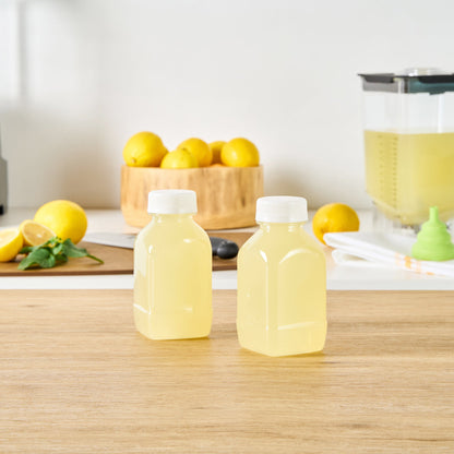 Bottle Tek 8 oz Square Clear Plastic Cold Pressed Juice Bottle - with Safety Cap - 2 1/4" x 2 1/4" x 4 3/4" - 100 count box