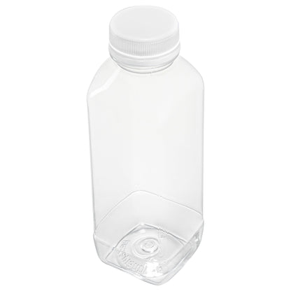 Bottle Tek 16 oz Square Clear Plastic Cold Pressed Juice Bottle - with Safety Cap - 2 1/4" x 2 1/4" x 7" - 100 count box