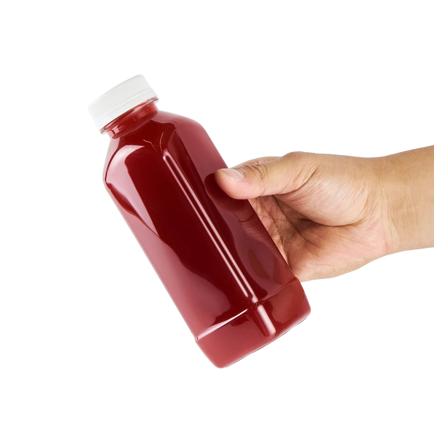 Bottle Tek 16 oz Square Clear Plastic Cold Pressed Juice Bottle - with Safety Cap - 2 1/4" x 2 1/4" x 7" - 100 count box