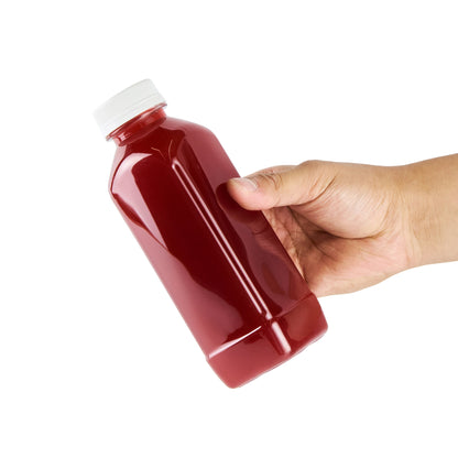 Bottle Tek 16 oz Square Clear Plastic Cold Pressed Juice Bottle - with Safety Cap - 2 1/4" x 2 1/4" x 7" - 100 count box