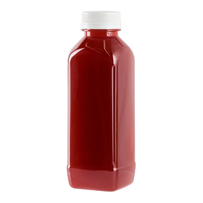 Bottle Tek 16 oz Square Clear Plastic Cold Pressed Juice Bottle - with Safety Cap - 2 1/4" x 2 1/4" x 7" - 100 count box