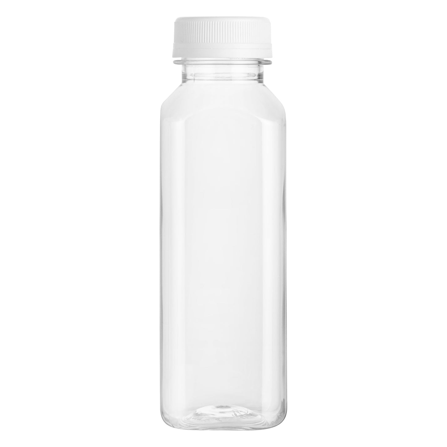 Bottle Tek 16 oz Square Clear Plastic Cold Pressed Juice Bottle - with Safety Cap - 2 1/4" x 2 1/4" x 7" - 100 count box