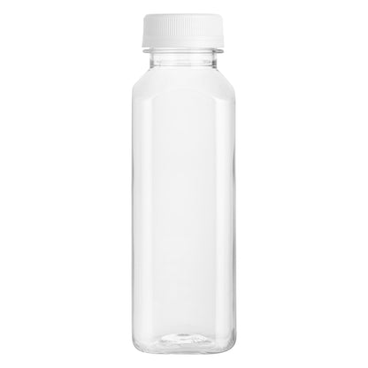 Bottle Tek 16 oz Square Clear Plastic Cold Pressed Juice Bottle - with Safety Cap - 2 1/4" x 2 1/4" x 7" - 100 count box