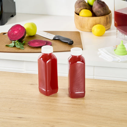 Bottle Tek 16 oz Square Clear Plastic Cold Pressed Juice Bottle - with Safety Cap - 2 1/4" x 2 1/4" x 7" - 100 count box