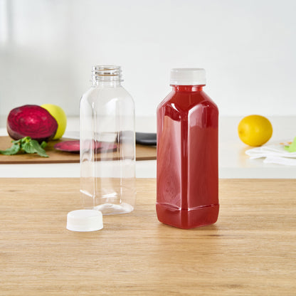 Bottle Tek 16 oz Square Clear Plastic Cold Pressed Juice Bottle - with Safety Cap - 2 1/4" x 2 1/4" x 7" - 100 count box